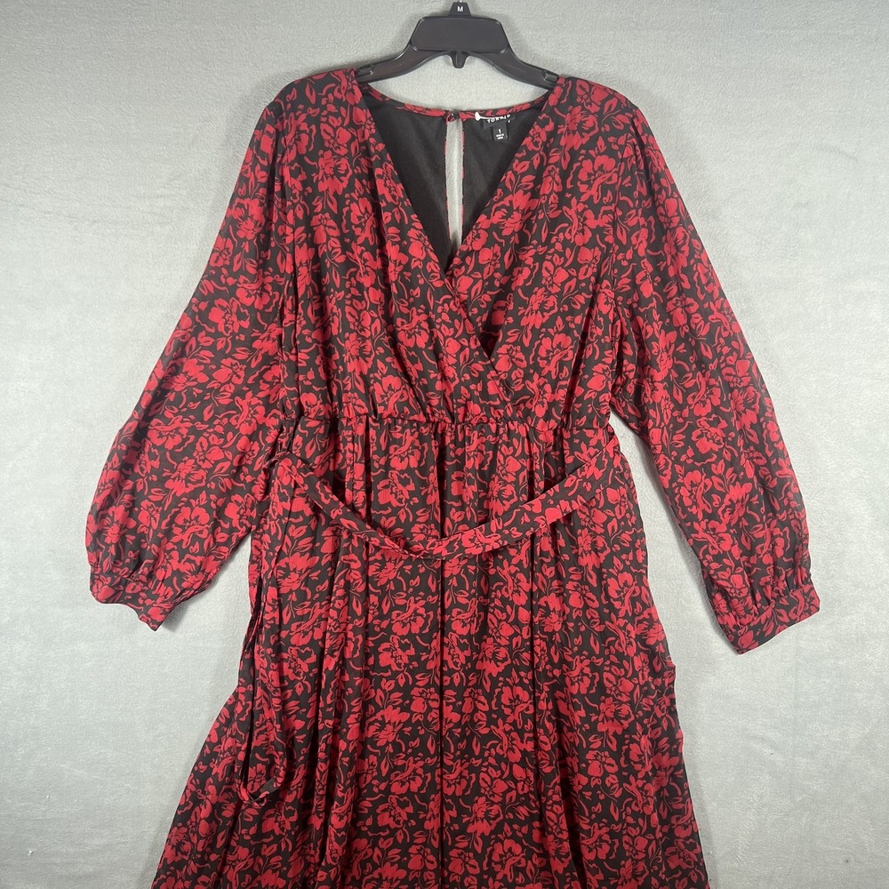 TORRID Women's Red Black Floral Print Faux Wrap Midi Dress Size 1 Plus Size